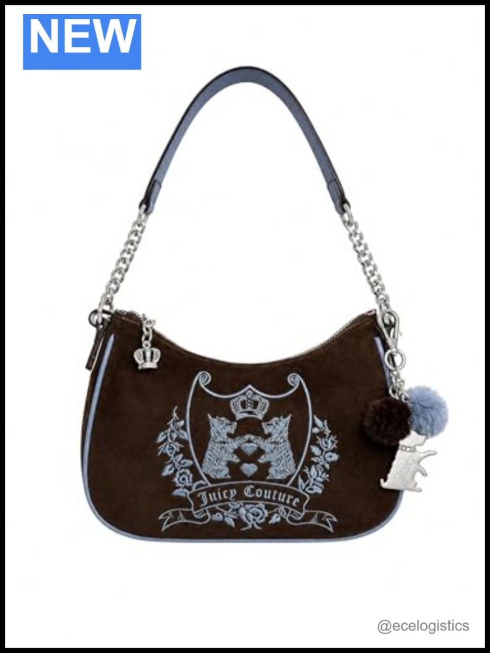 Velvet Hobo Shoulder Bag with Chain Strap, Crown Charm